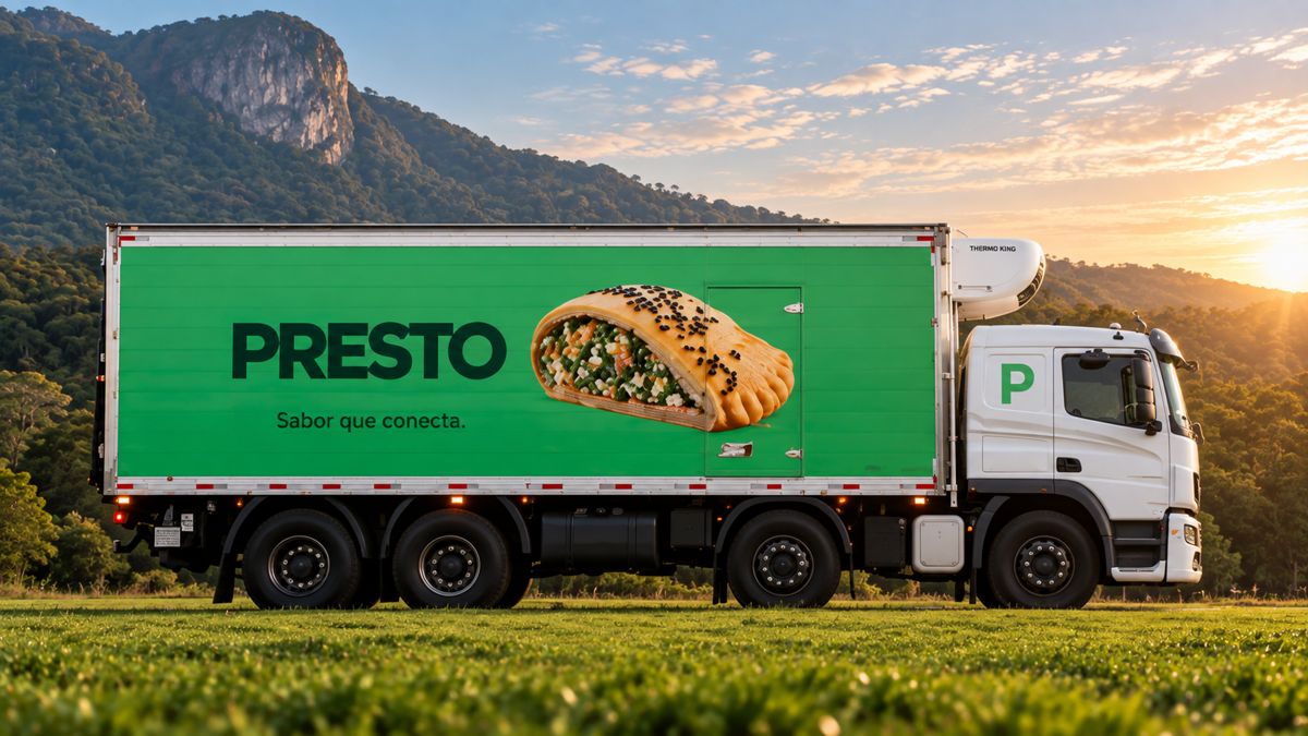 Caminhão verde da Presto em uma estrada de serra ao pôr do sol